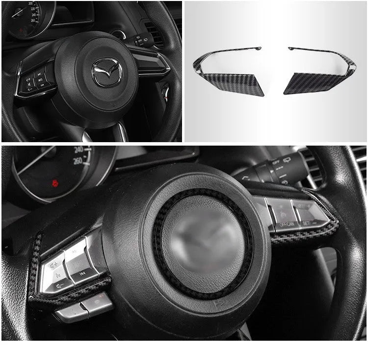 Pair of carbon fibre style ABS plastic steering wheel frame decorative covers for car dashboard installation.