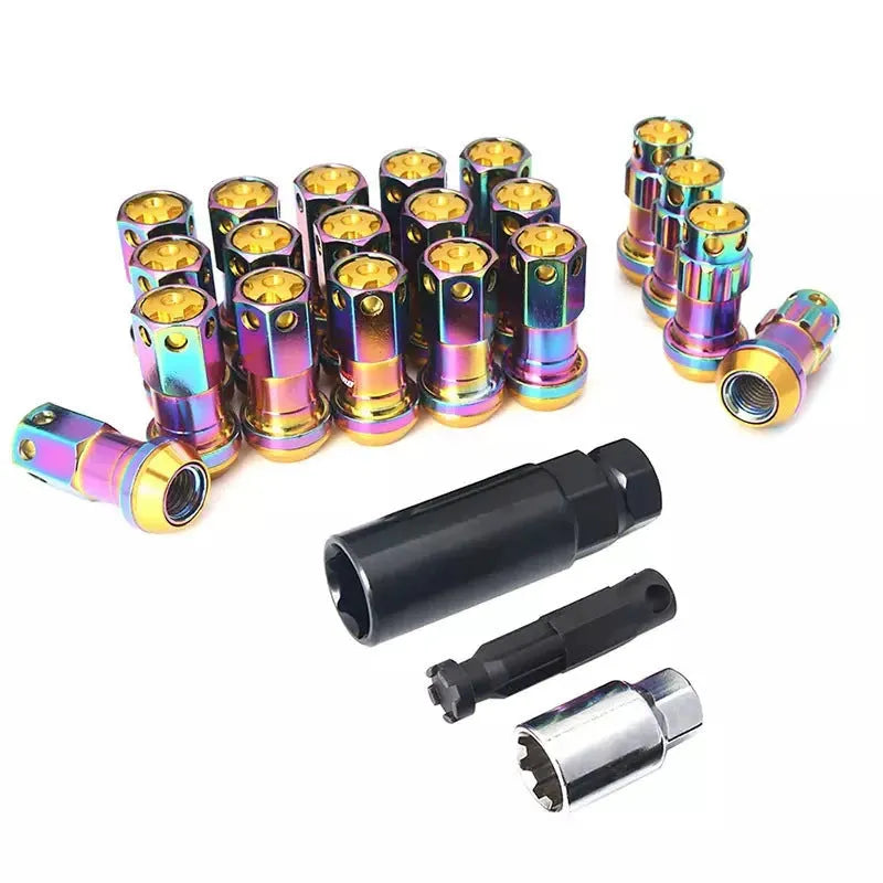 Universal aluminium alloy wheel hub nuts in multiple colour options with flat head design