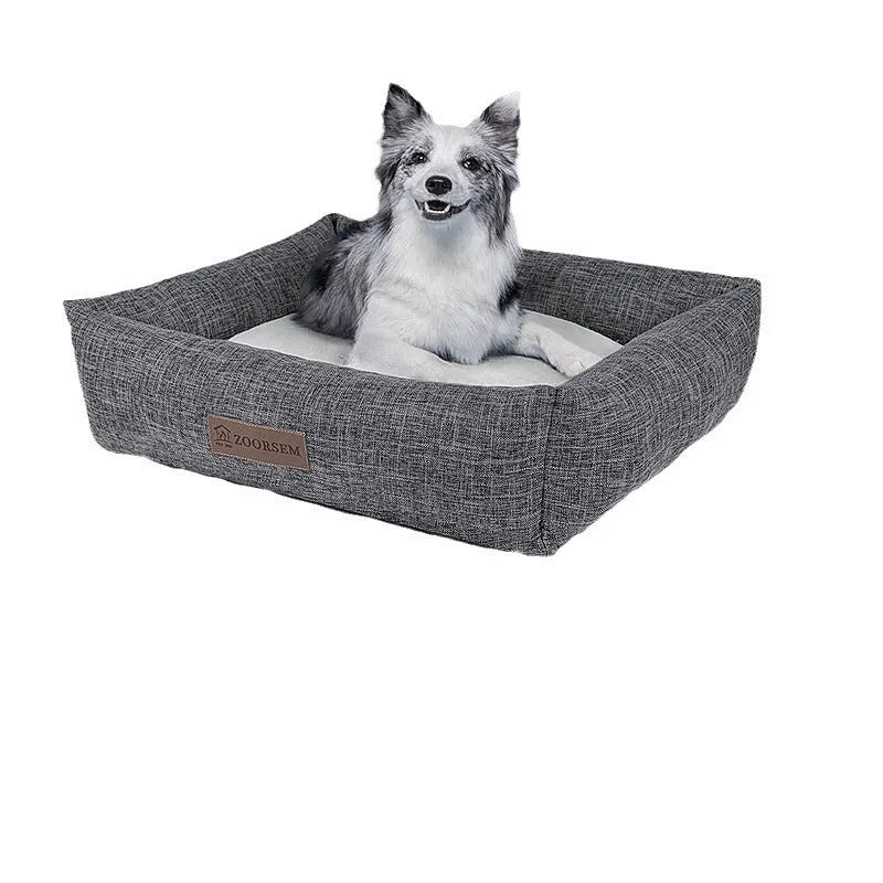Grey linen-style square cloth dog bed for medium-sized dogs