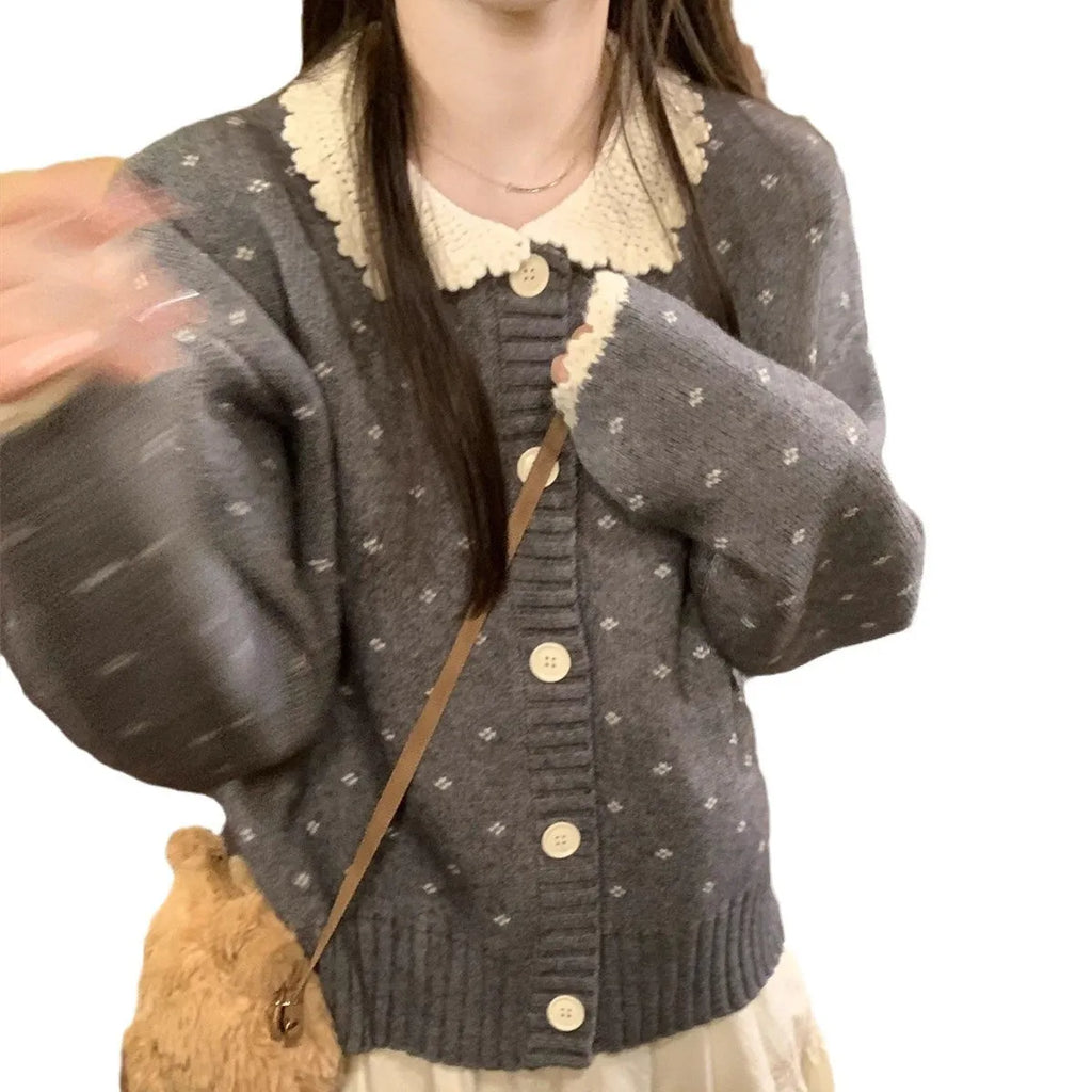 Retro Peter Pan collar floral pattern knitted cardigan in navy blue, apricot, or grey