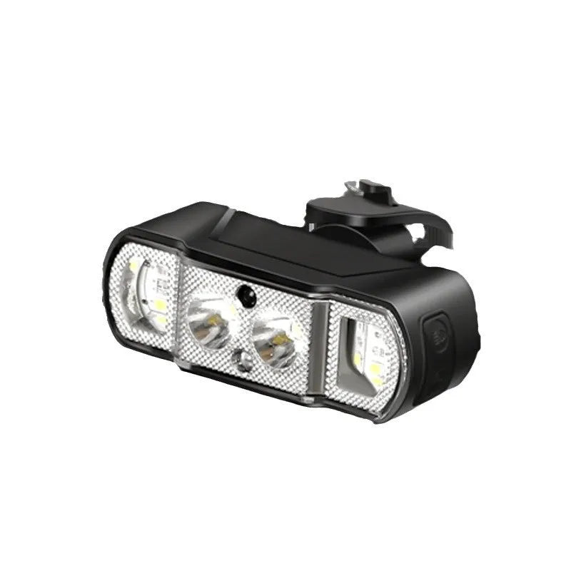 Black ABS bicycle headlight with LED display showing 350-lumen brightness and rechargeable battery