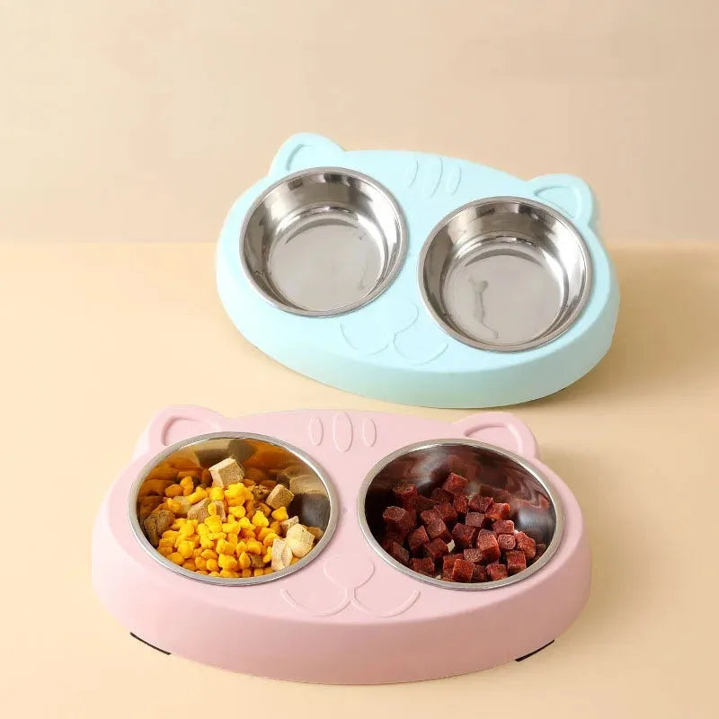 Plastic double bowl pet feeder with non-slip base in blue colour