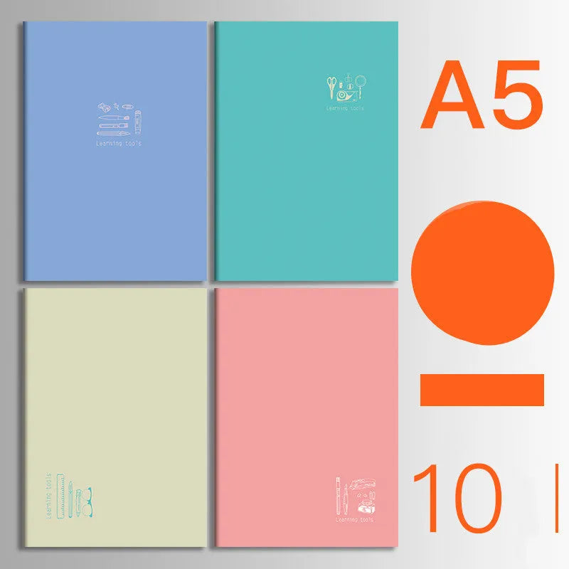Ten soft cover kraft paper notebooks with thread binding in A5 and B5 sizes showing multiple design styles