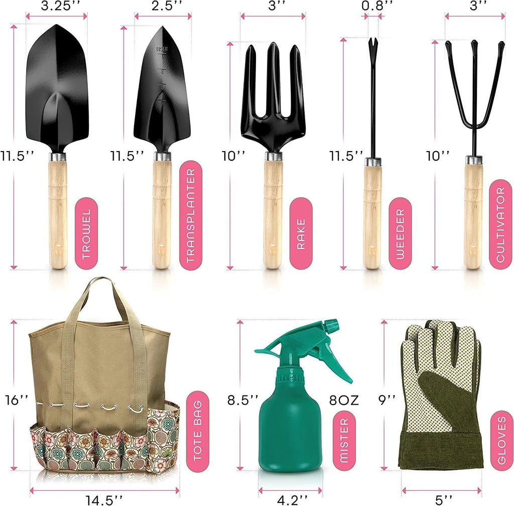 8-piece stainless steel gardening tool set with wooden storage box showing trowel, transplanter, weeder, cultivator, pruner, and digging fork