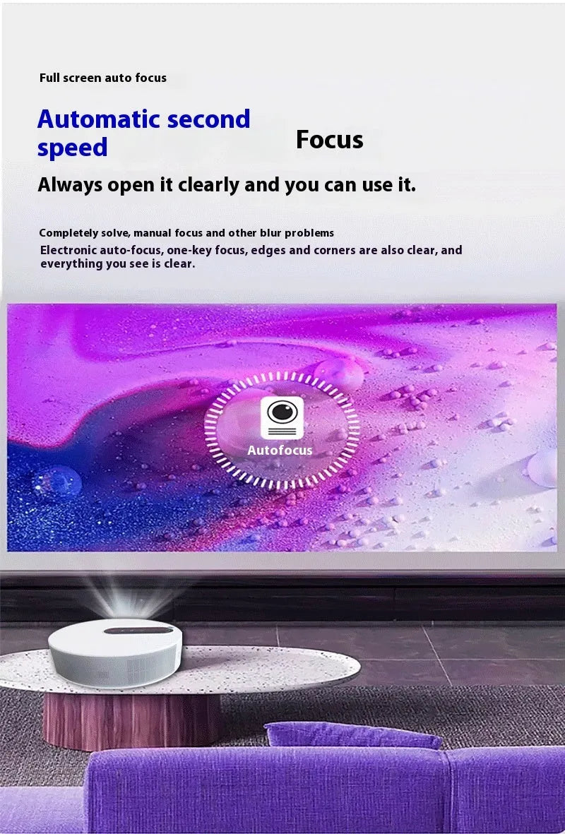 White 720p HD home theatre smart projector with remote control on a table.