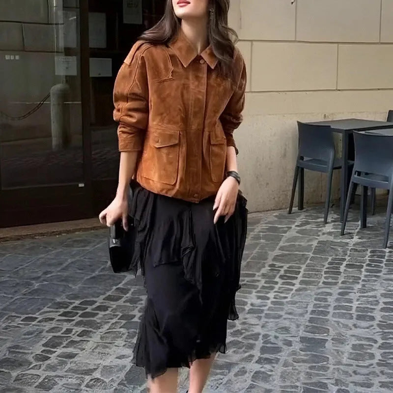Women's brown suede coat with regular sleeves on hanger
