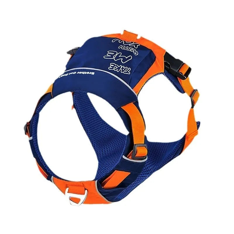 Orange blue nylon dog chest strap with adjustable four-point buckle system shown on dog