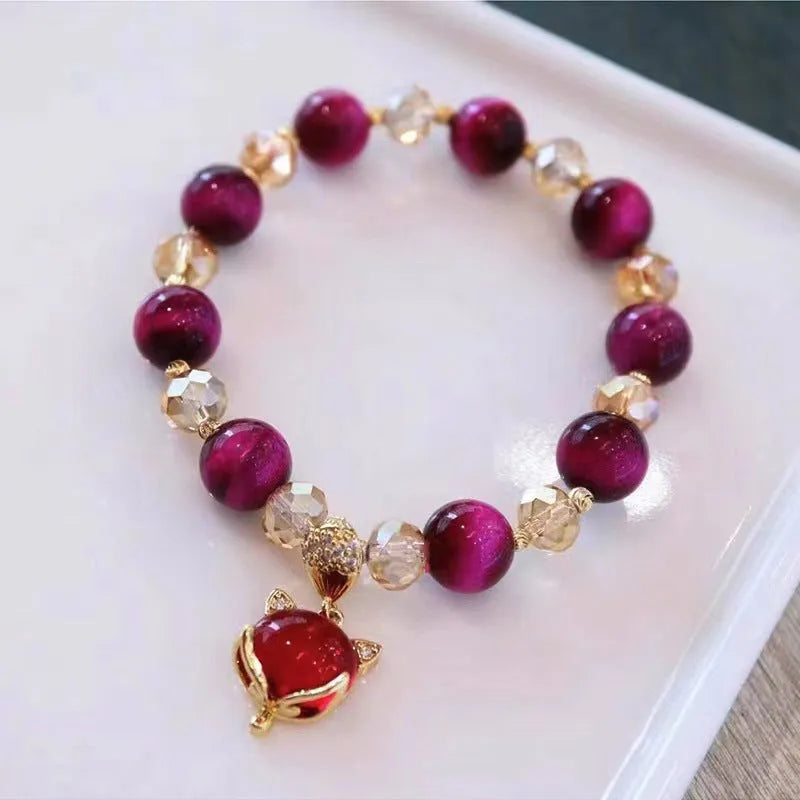 Handmade Tigereye stone adjustable bracelet with single or double chain in Rose Red or Green colours