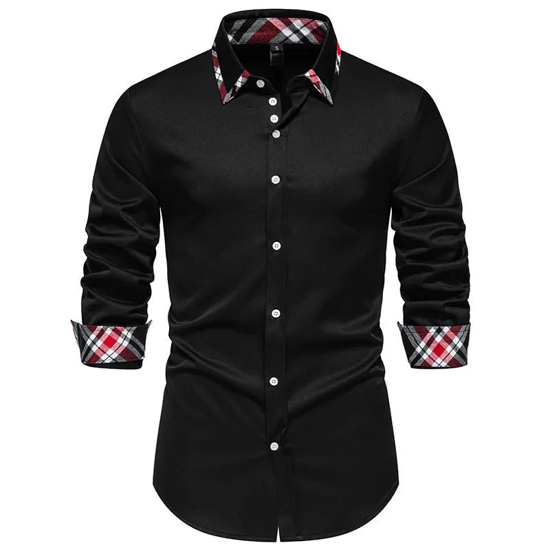 Men's plaid long sleeve shirt with contrast colour triangle collar in polyester blend fabric