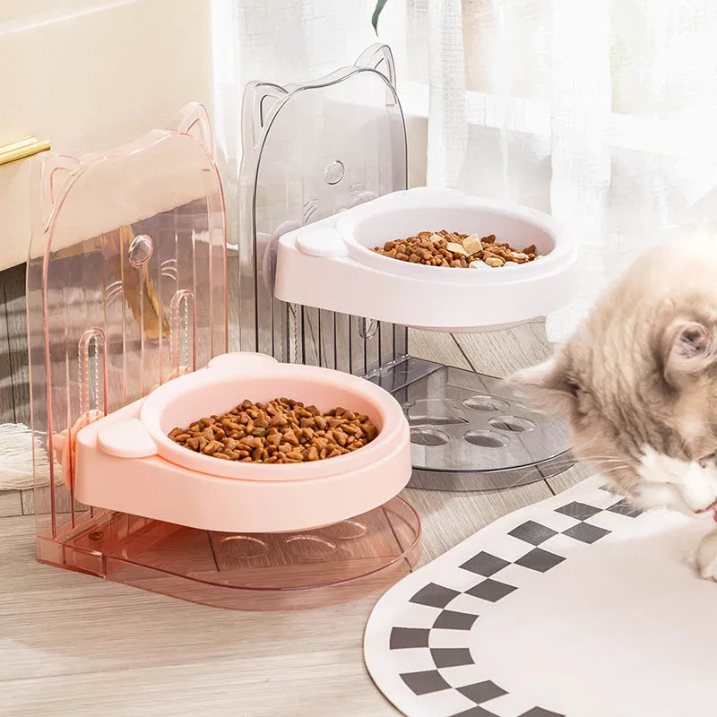 Cat feeding bowl with cat ear-shaped anti-spill neck protector and removable hanging cage
