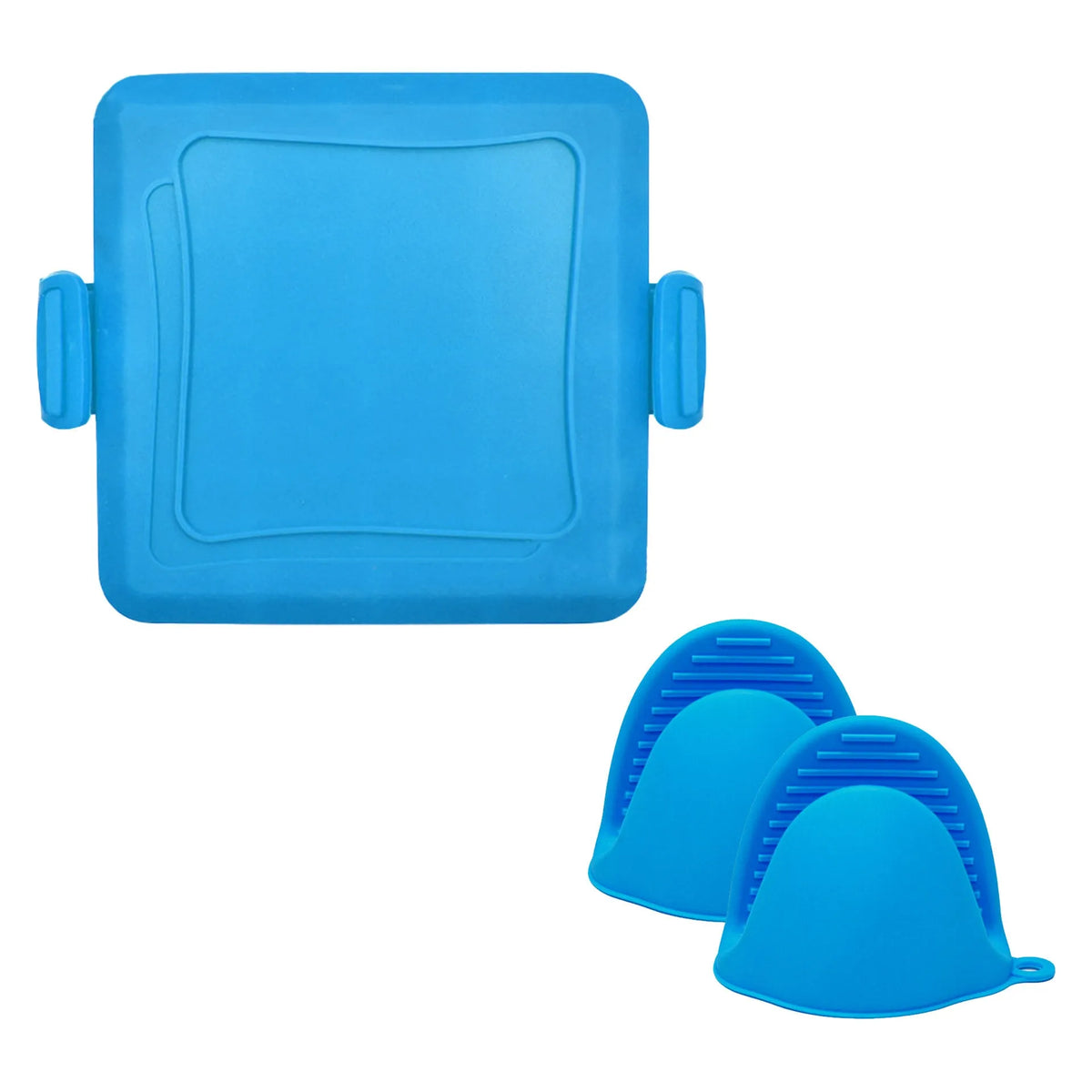 Red silicone baking tray with handbag-style handles and matching oven gloves set