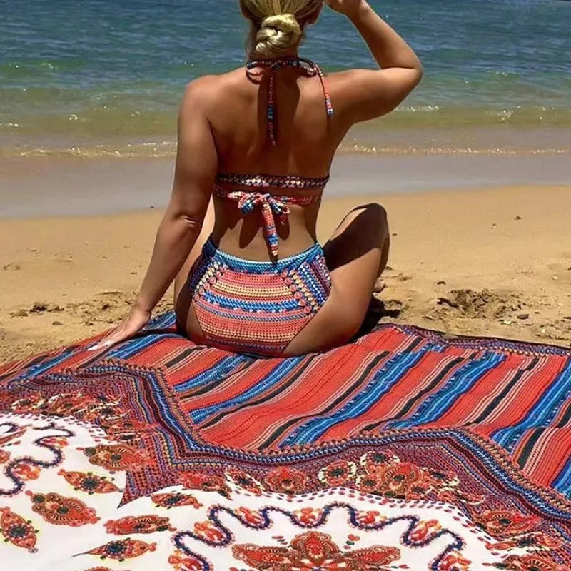 Women's three-piece swimsuit set with cutout blouse, high-waist briefs, and coat in polyester fabric