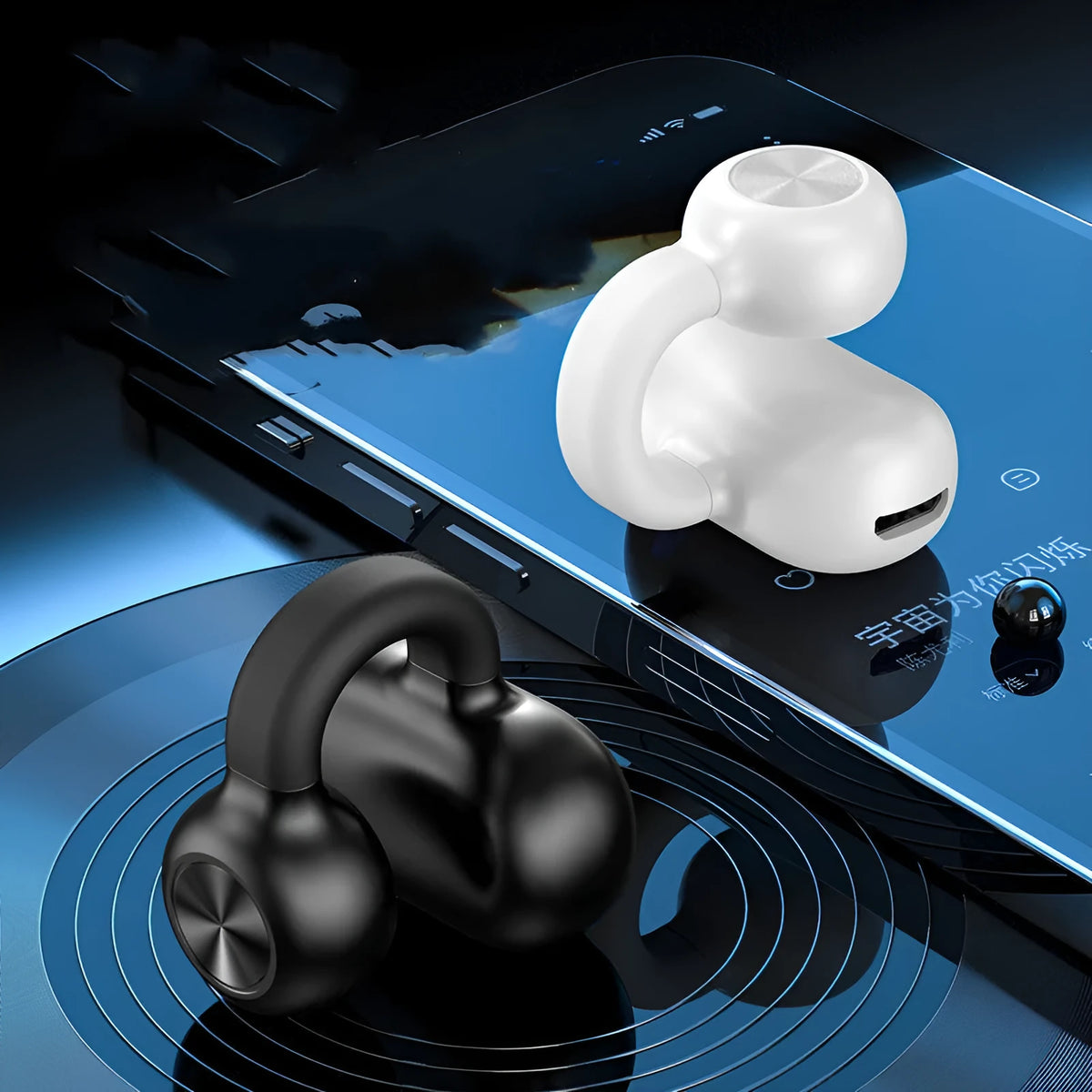Wireless Bluetooth clip-on headset with bone conduction technology in black and white colour options