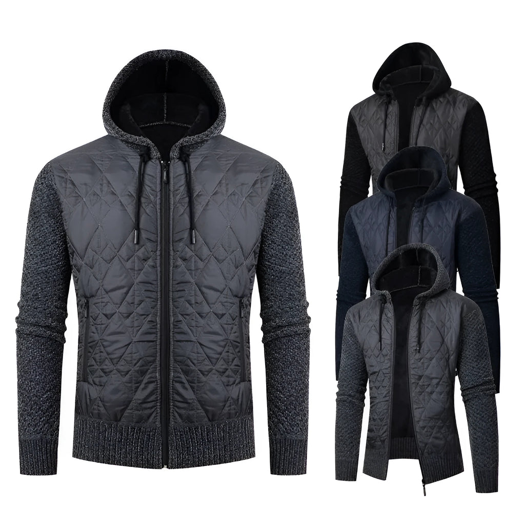 Men's grey corduroy hooded sweater coat with cinched waist design