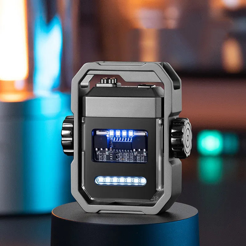 Windproof double arc electric lighter with mechanical gyroscope in zinc alloy construction showing folding design