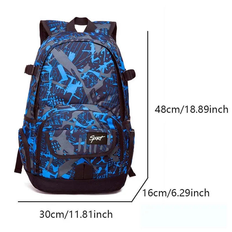 Blue and red versions of a classic nylon backpack with large main compartment and organisational pockets.
