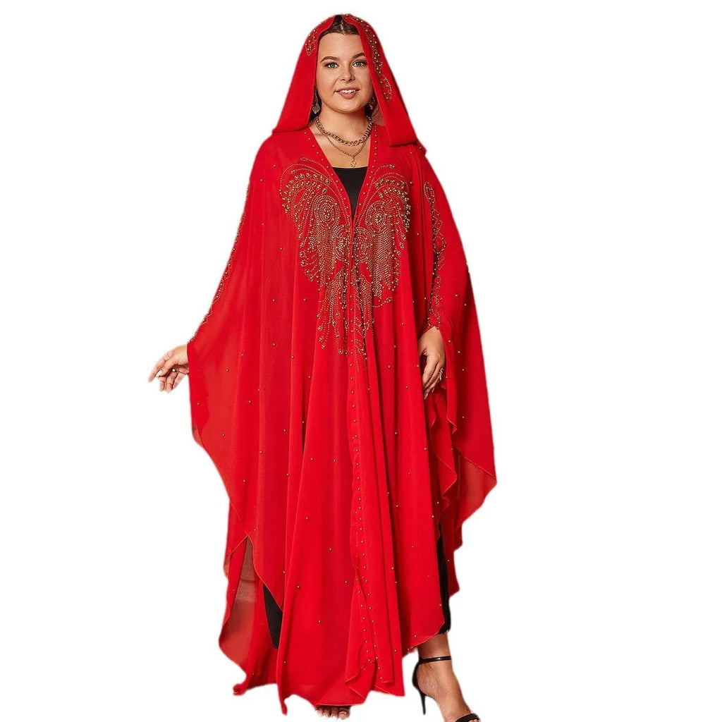 Purple chiffon shawl with rhinestone beading, styled as a cape, showing its long 135-175cm length.