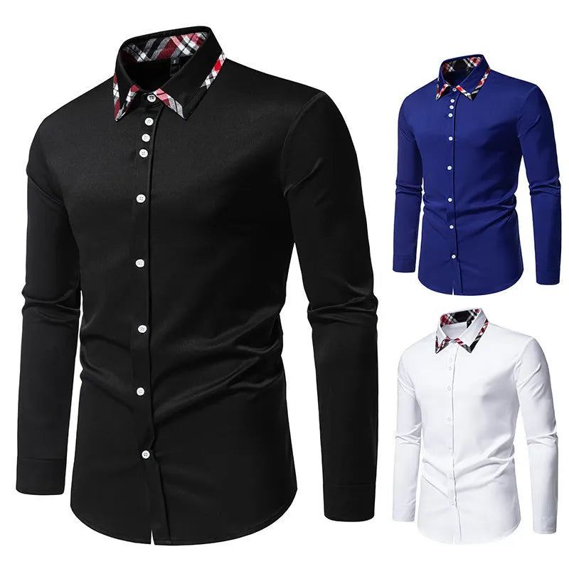 Men's plaid long sleeve shirt with contrast colour triangle collar in polyester blend fabric