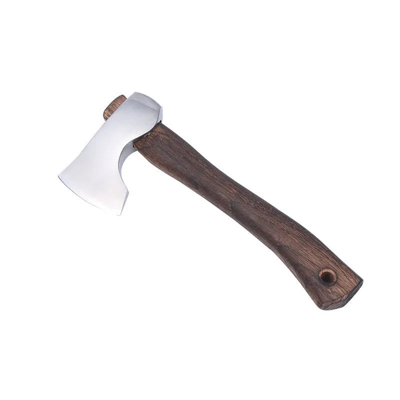 Camping axe with high carbon steel head and wooden handle for outdoor wood cutting