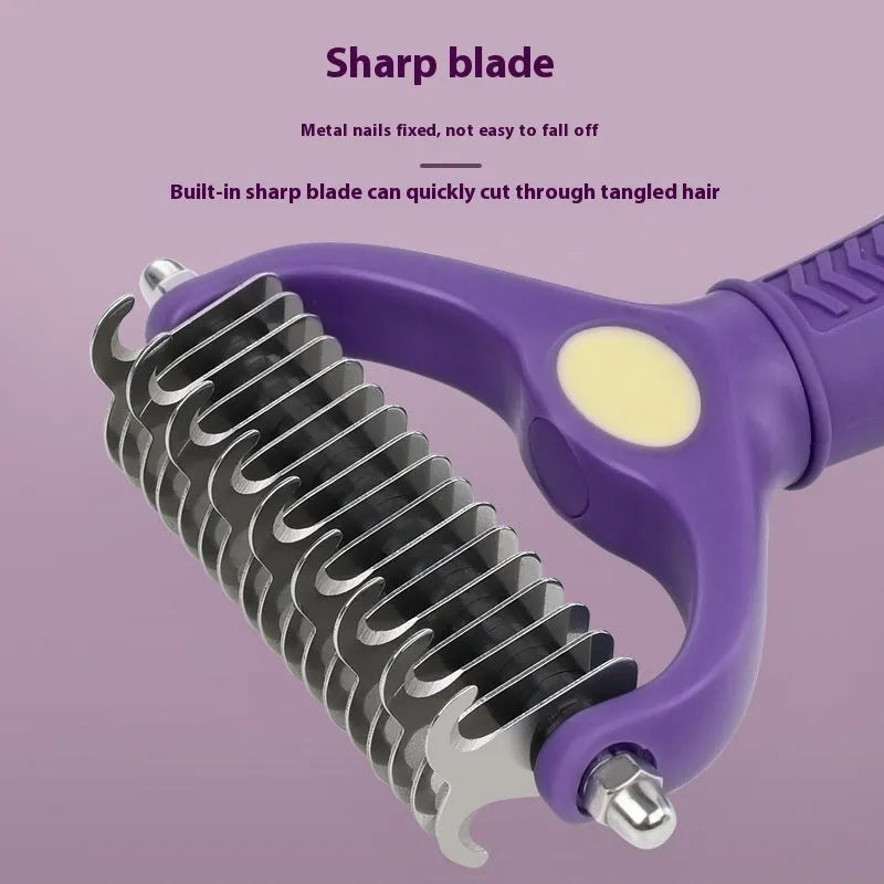 Purple double-sided plastic comb for removing knots from cat and dog fur during grooming