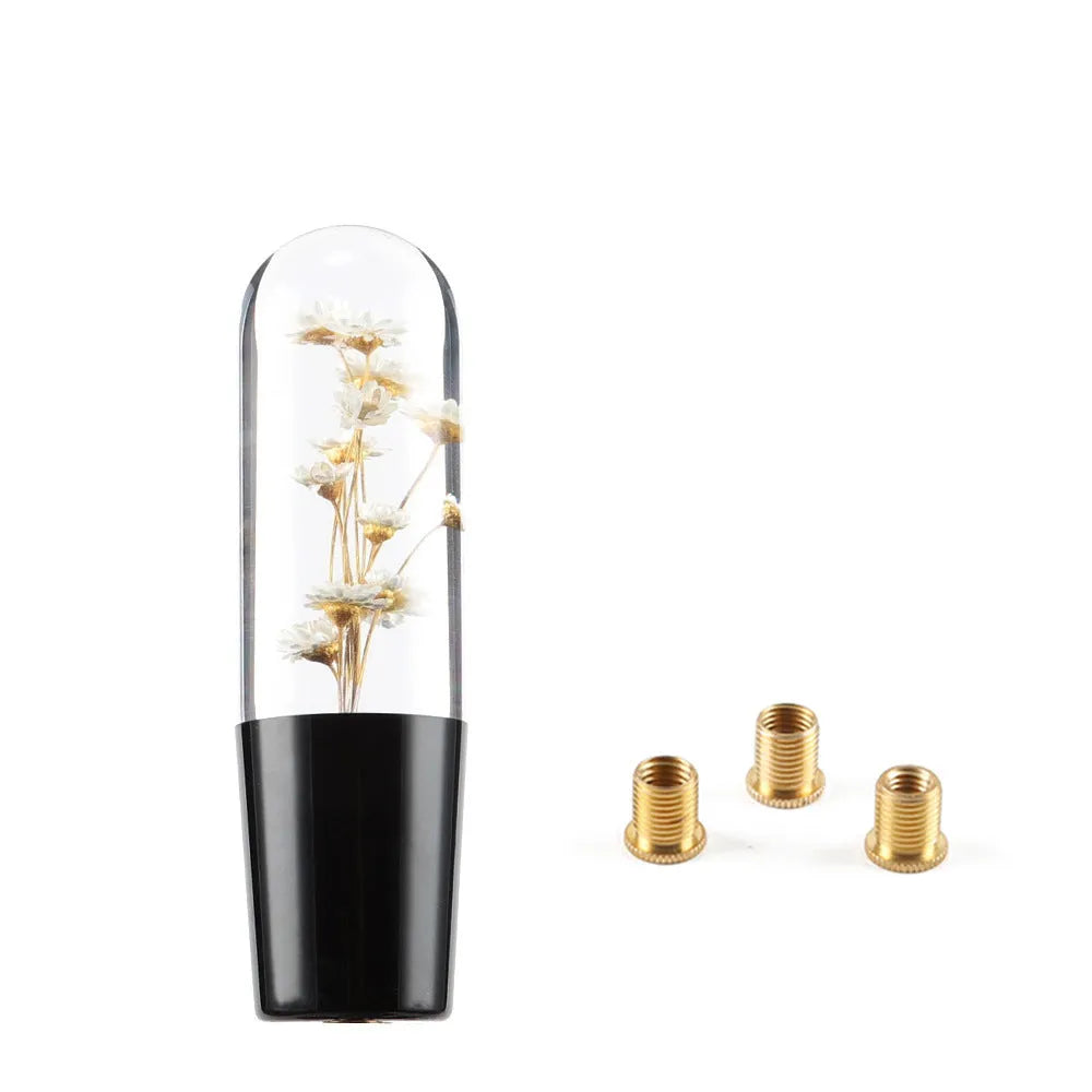 Transparent crystal car gear head with flower design, 15cm long, with three adapters