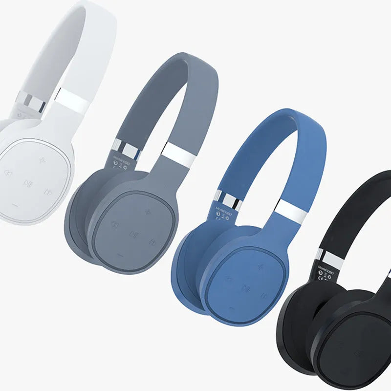 Folding wireless Bluetooth sports headphones in black, white, grey, or blue with 40mm speakers
