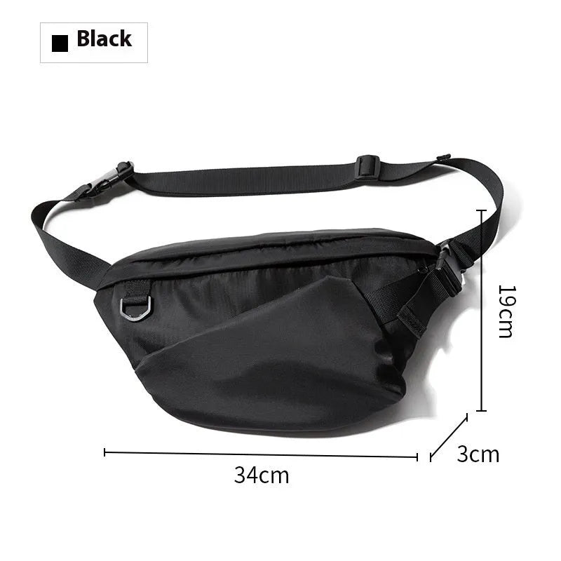 Black men's chest bag with slanted design showing oxford fabric and sewing lines