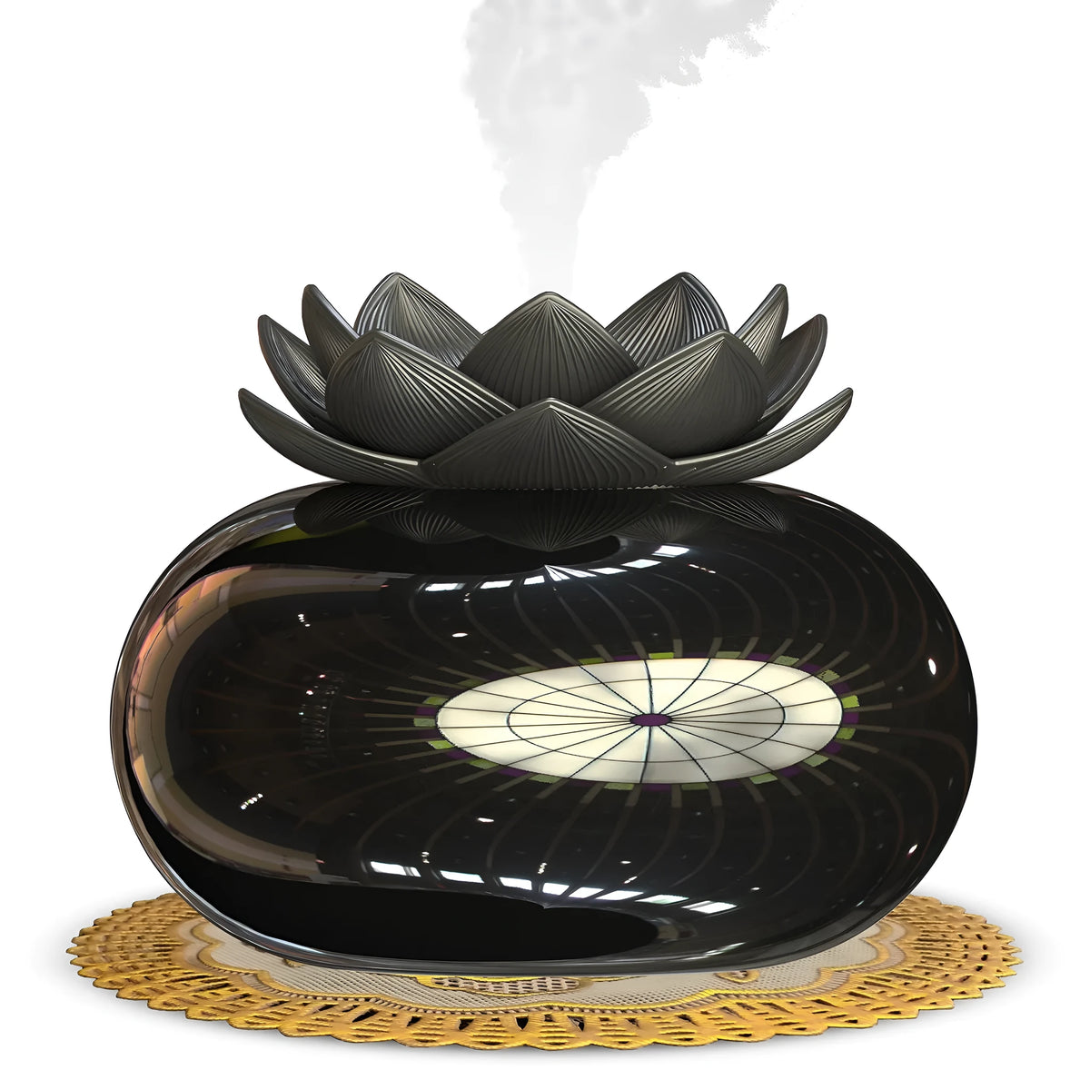 Pure black lotus-shaped aromatherapy humidifier with ceramic top and USB cable