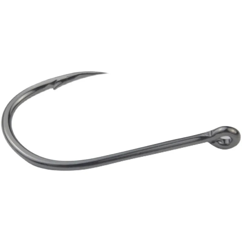 Barbed fishing hooks with crooked mouth, bulk pack for sea fishing, alloy carbon steel material.