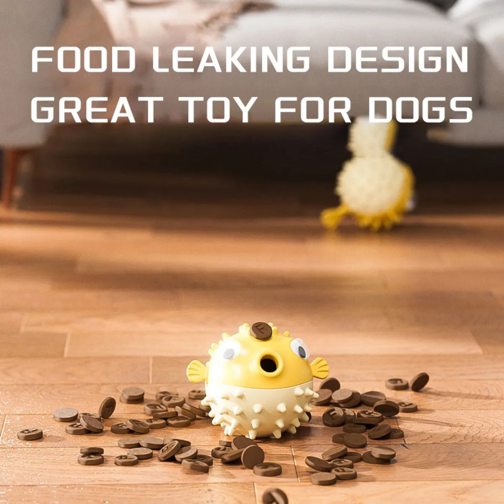 Yellow fish-shaped vinyl dog chew toy with textured surface for teeth cleaning