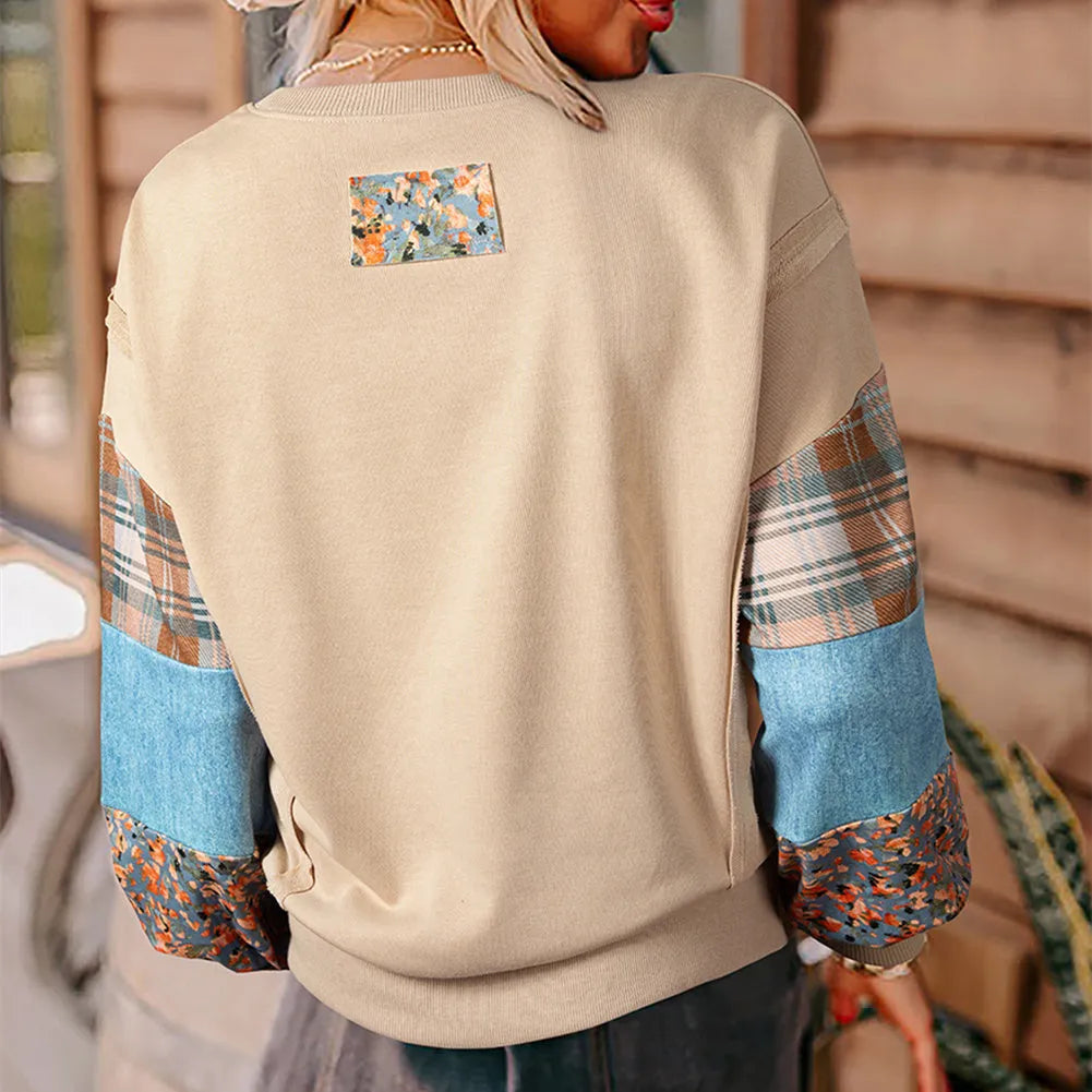 Women's plaid stitching long-sleeved polyester top in beige colour
