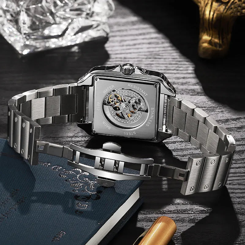 Square diamond-studded automatic men's watch with business style and stainless steel bracelet