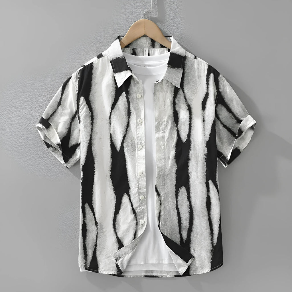 Retro striped short sleeve cardigan shirt in pure cotton fabric available in black or brown colours