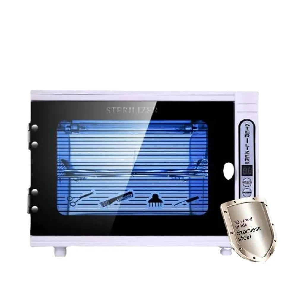 Small silver ultraviolet steriliser unit with stainless steel inner chamber for beauty tool sanitation.
