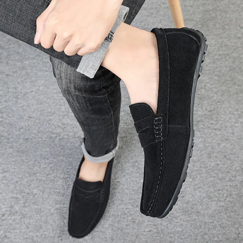 Men's suede loafers in multiple colours with slip-on design and round toe