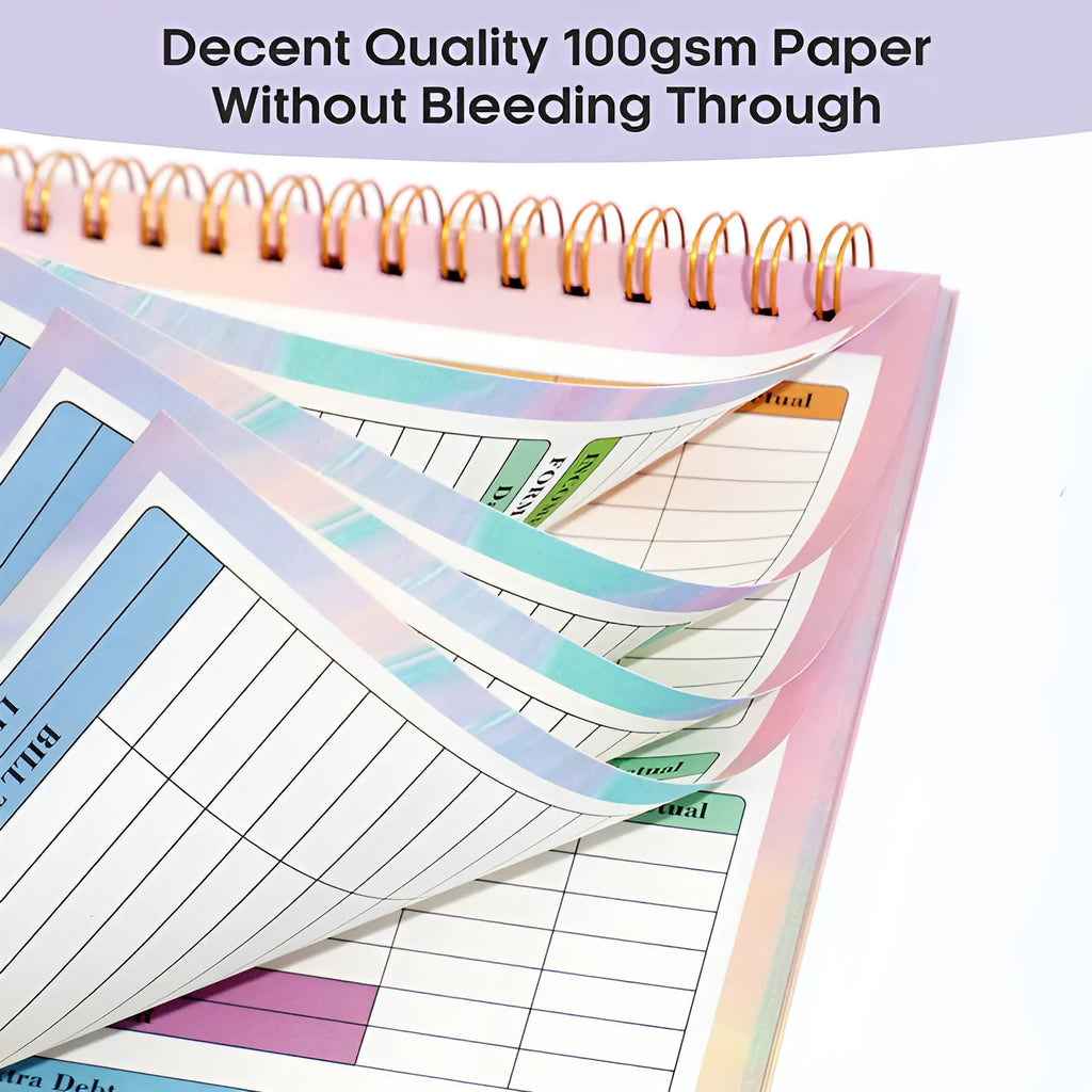 B5 budget tally book with spiral binding showing PP cover and open pages for financial recording