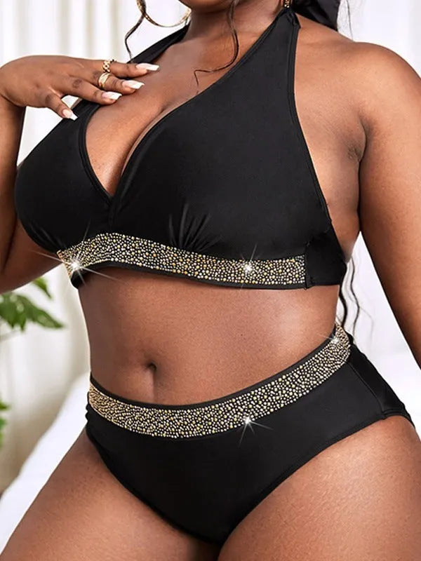 Black plus size women's bikini swimsuit showing bra and shorts two-piece design