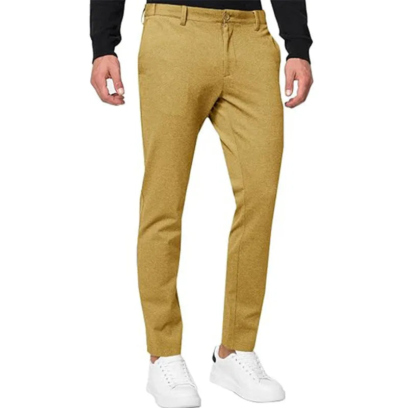 Men's slim-fit chino trousers in tapered style with pleated front, shown in khaki colour