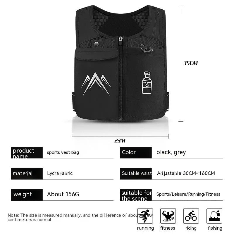 Sports running vest with breathable mesh and integrated phone compartment, shown in classic black colour