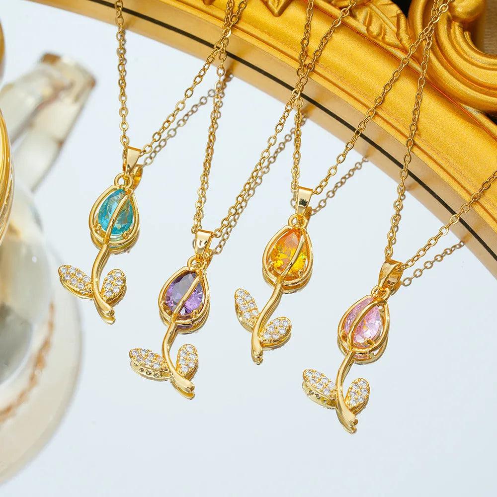 Zircon tulip necklace for women with electroplated gold-tone finish on titanium steel chain