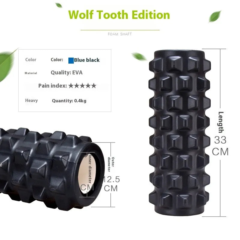 Black foam fitness roller with six-piece gear design, 33cm length, for massage and recovery.