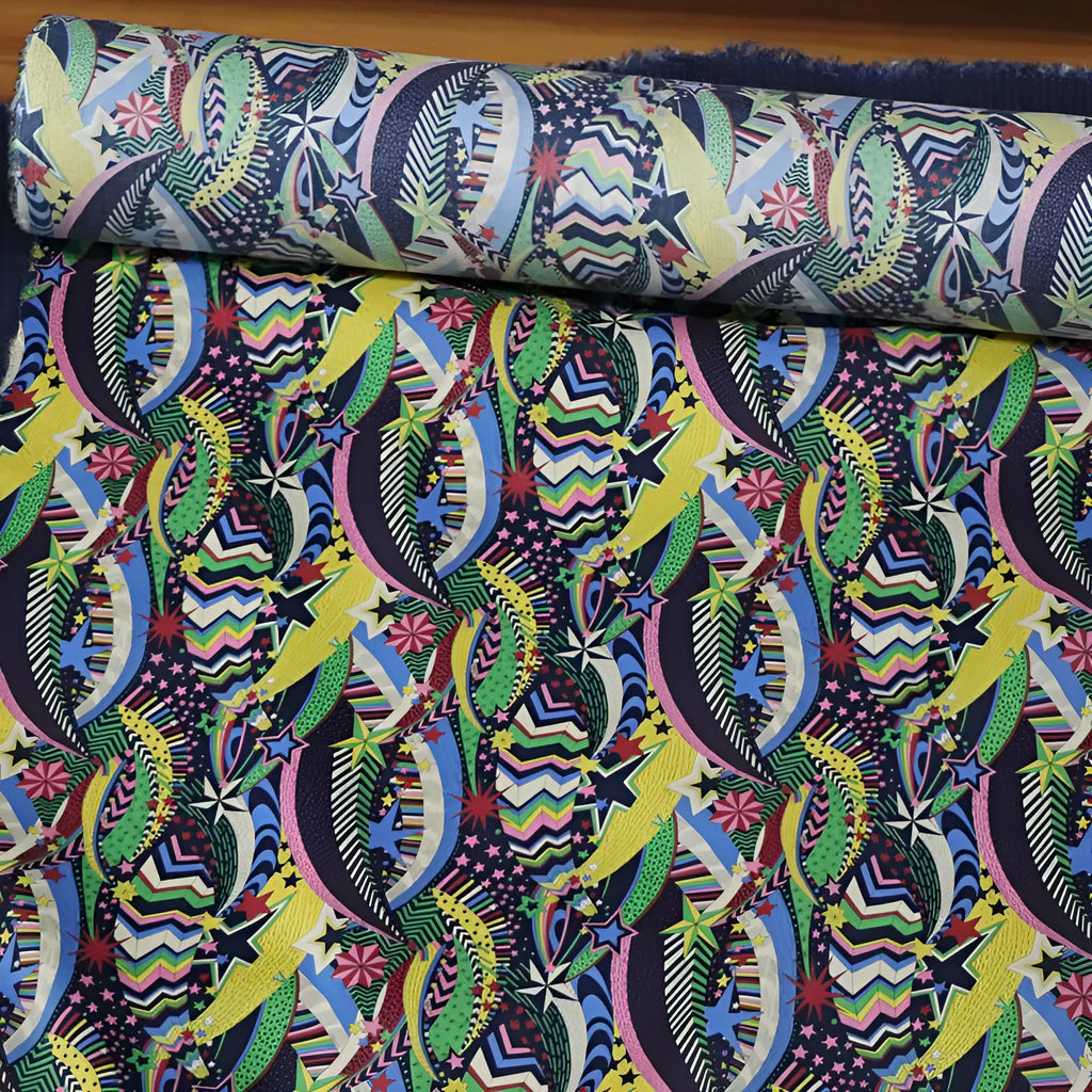 Blue cotton fabric with a detailed digital print of plants and flowers, showing a 1m x 1.45m piece.