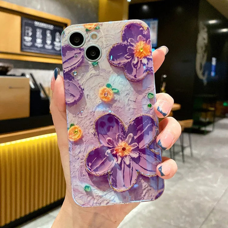 Purple soft rubber phone case with oil painting flower design and inlaid diamond accents