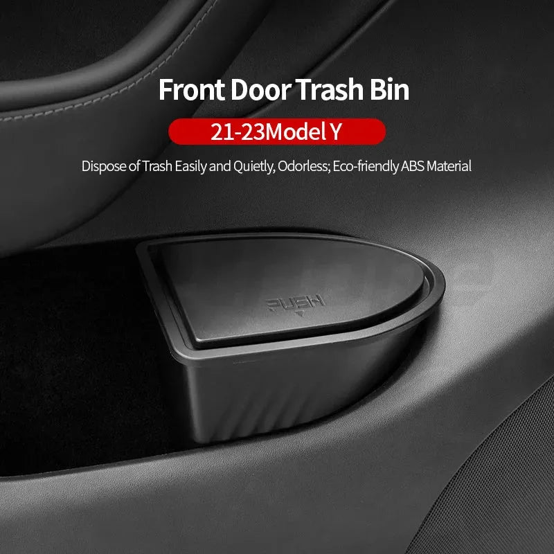 Black waterproof car door trash cans for Tesla Model Y front seats, ABS plastic twin pack