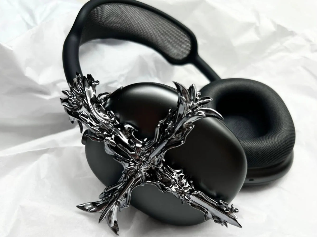 Gothic cross design hard resin cover for Apple AirPods Max headphones in gunmetal colour.