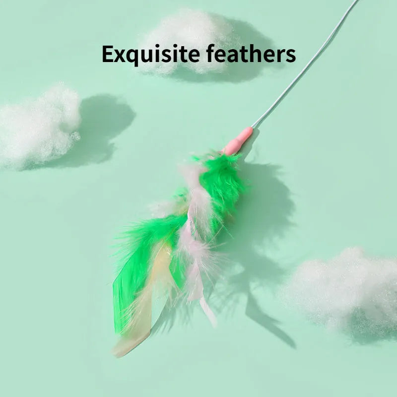 Green interactive cat feather wand toy with bell attachment and a comfortable grip handle.