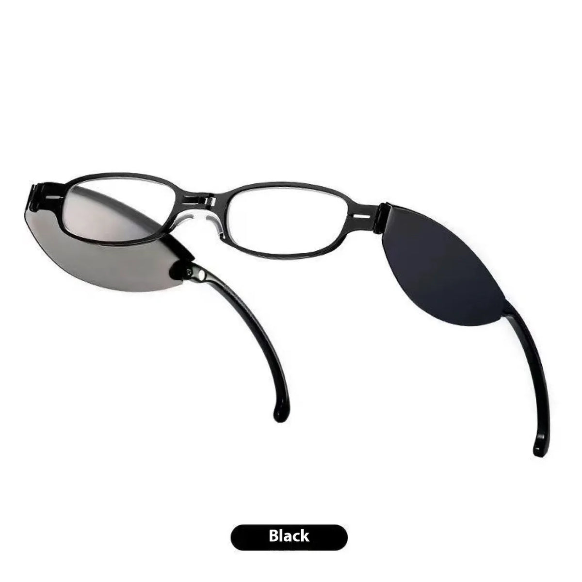 Black folding presbyopic reading glasses with retro ring temples, shown in open and closed positions.
