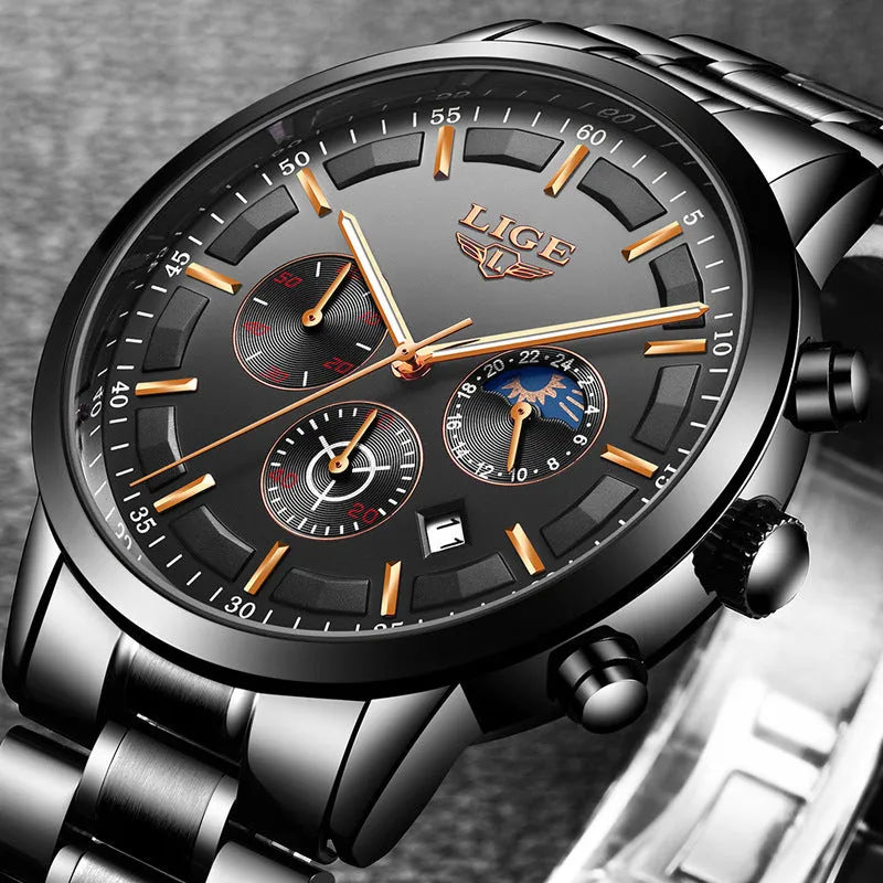 Men's quartz sports watch with a 12mm thick case in various colour combinations.