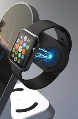 Black multifunctional alarm clock with wireless charging pad, digital display, and Apple Watch charger.