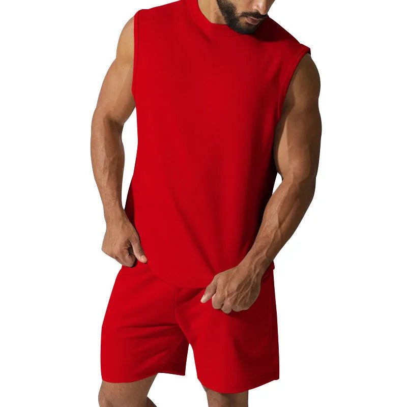 Men's sleeveless cotton-blend top and matching shorts casual sports set in army green